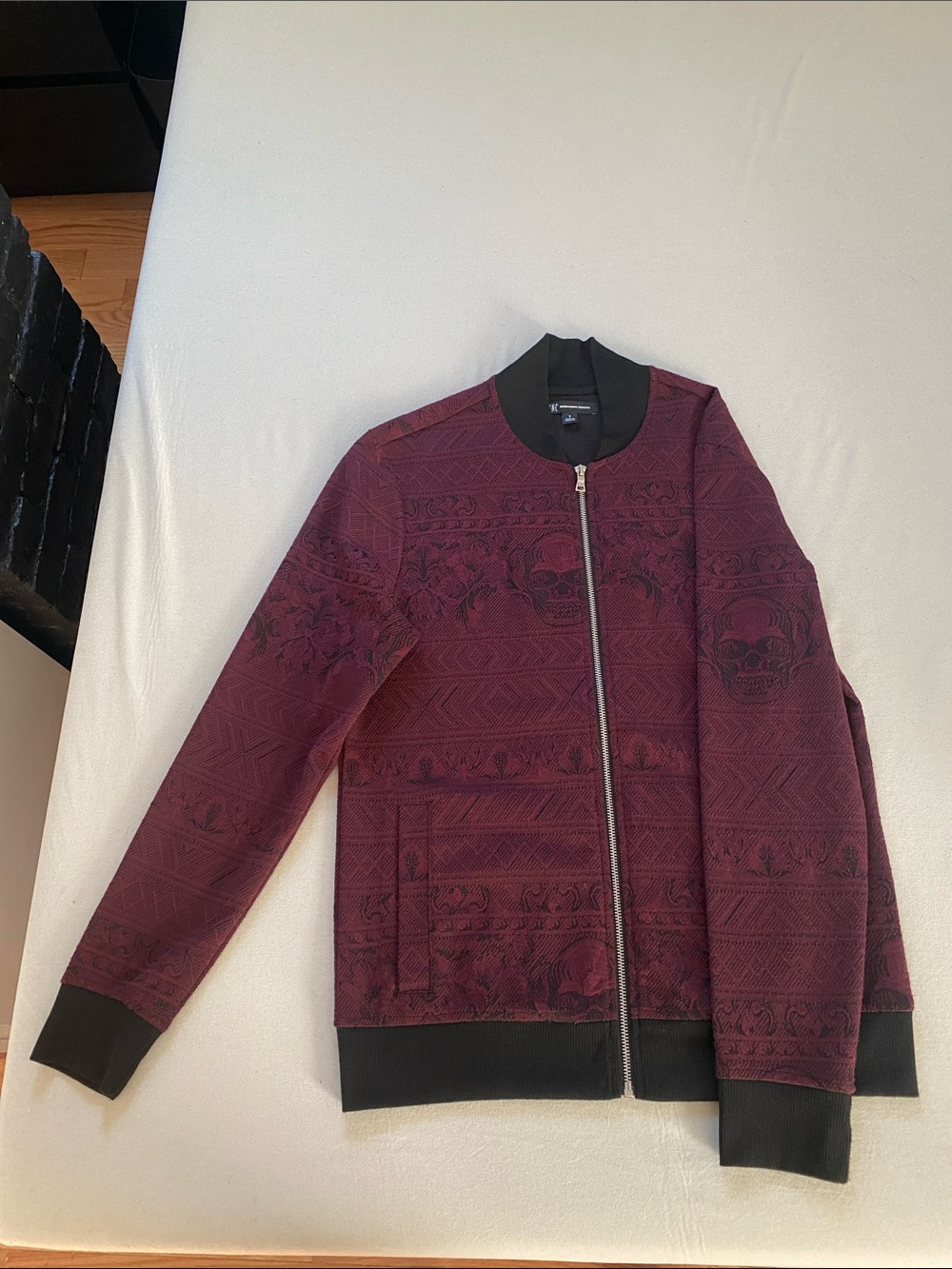 INC International Concepts Burgundy and Black Patterned Bomber